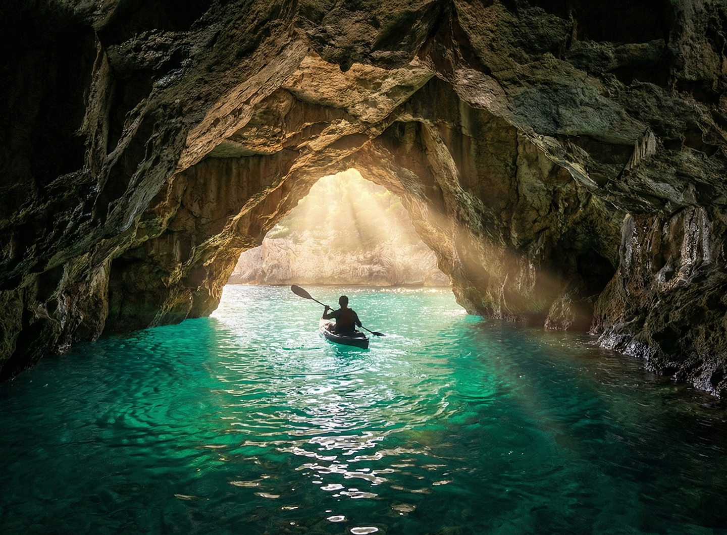 Cueva de Ibiza con kayak en aguas turquesas