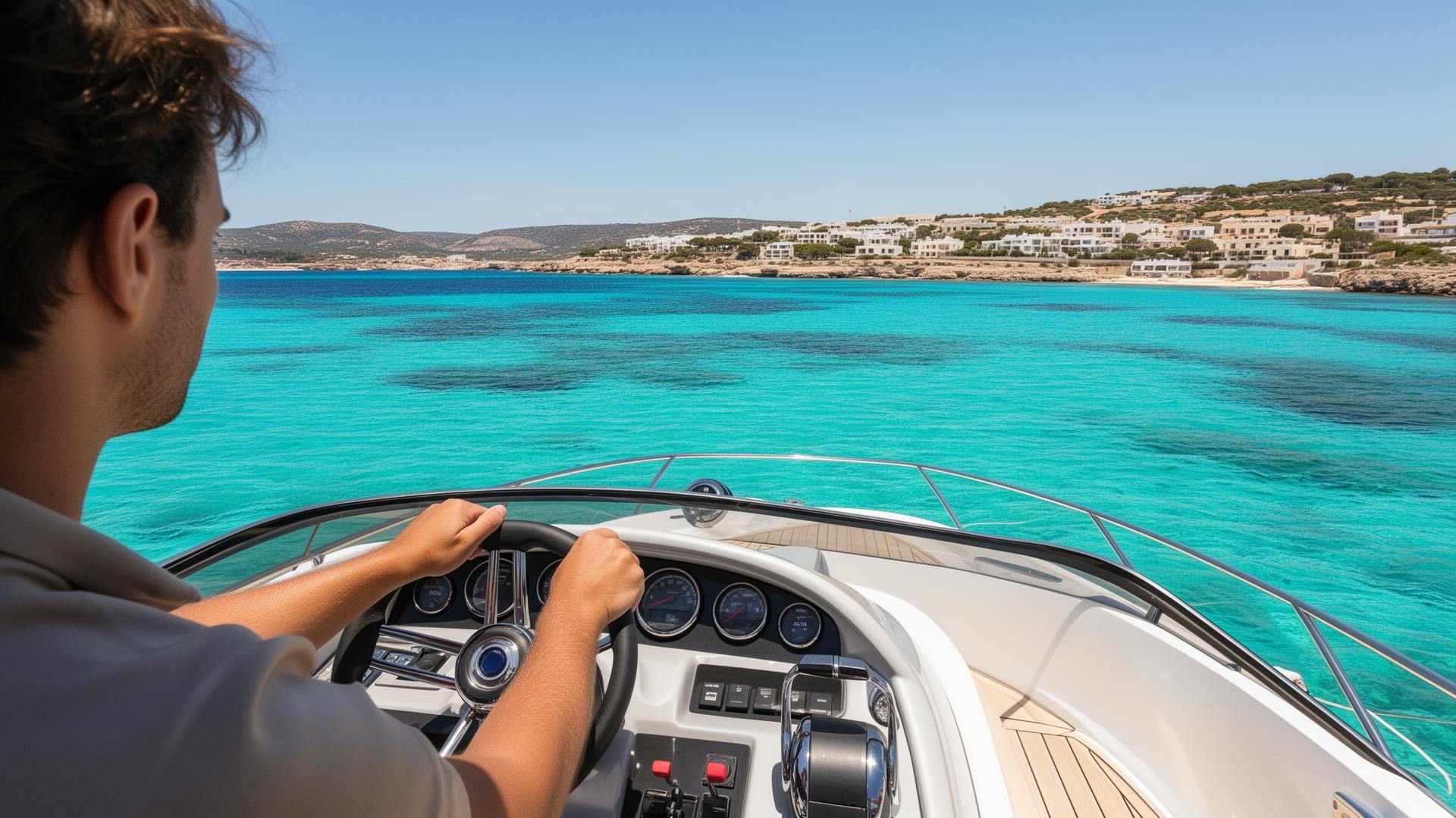 Navegando un barco en aguas turquesas de Ibiza